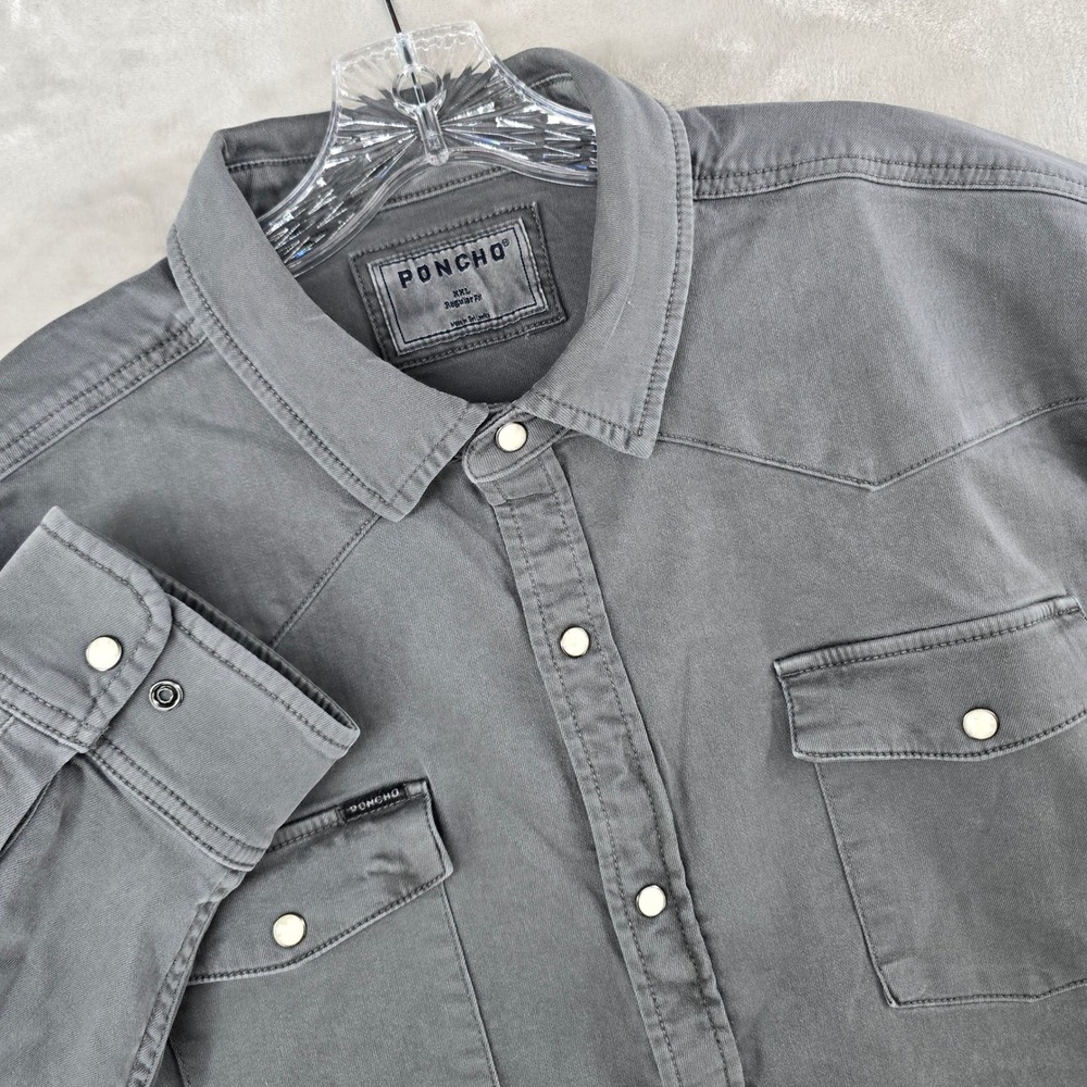 Poncho Western Denim Shirt Mens XXL Gray Regular Fit Pearl Snap Long Sleeve